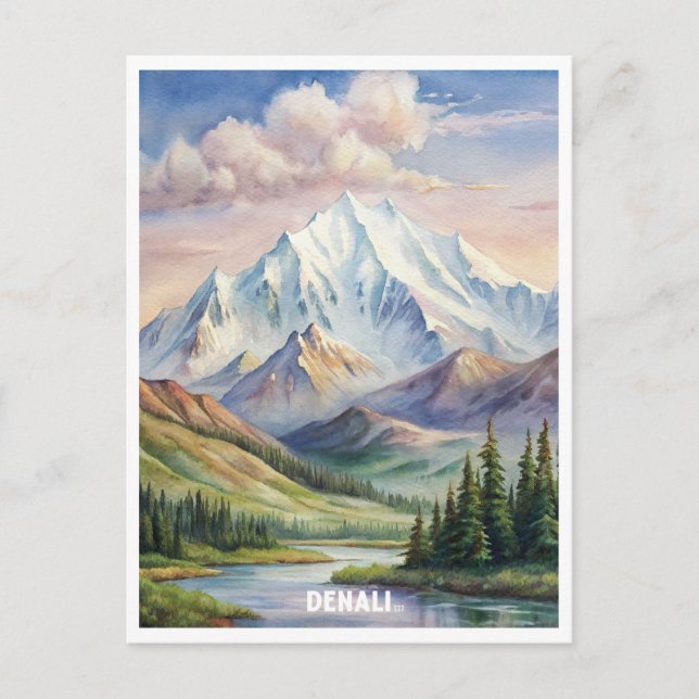 Denali National Park Watercolor Painting Vykort (Framsida)