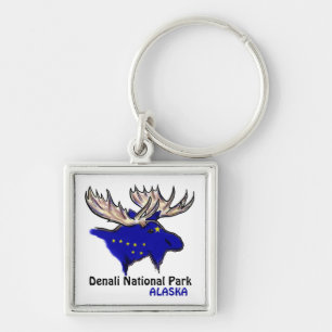Denali nationalpark Alaska blue elk flagga-nyckelk Fyrkantig Silverfärgad Nyckelring