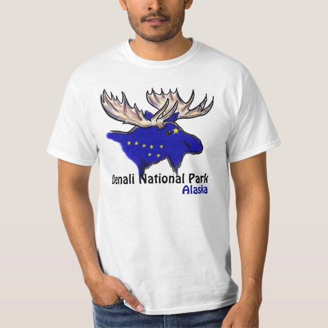 Denali Nationalpark Alaska flagga elk, värdegarant Tee Shirt (Framsida)