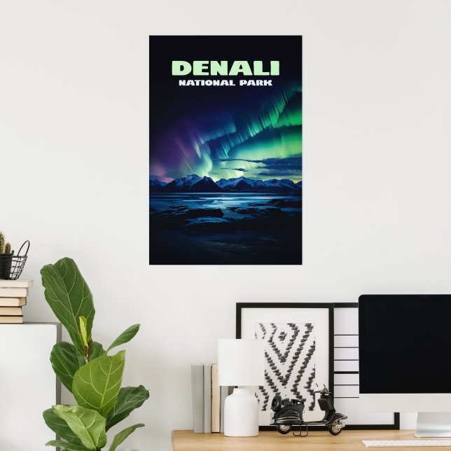 Denali nationalpark Alaska Northern Ljus Retro Poster (Hemmakontoret)