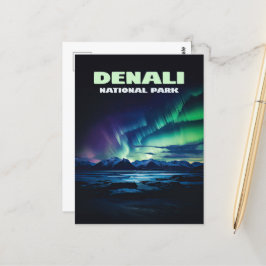Denali nationalpark Alaska Northern Ljus Retro Vykort