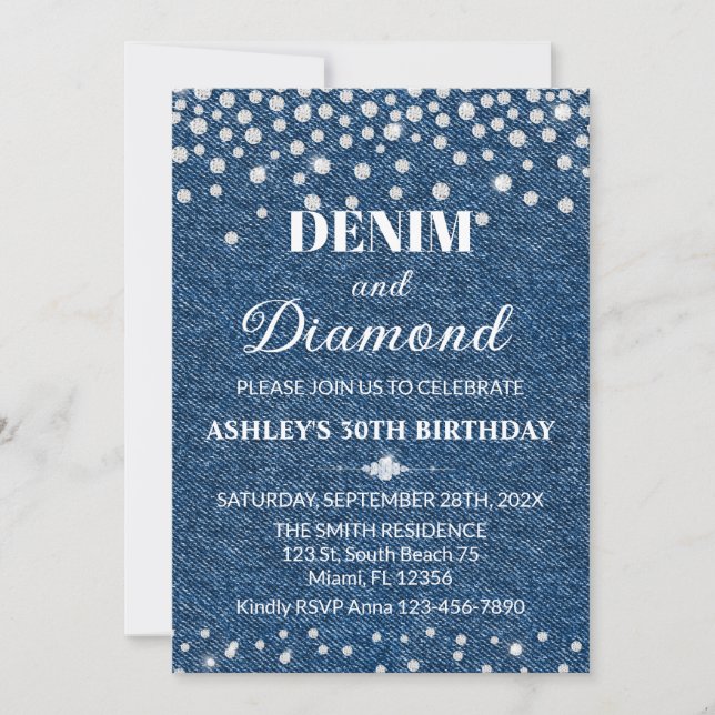 Denim and Diamond Birthday Party Invitation Inbjudningar (Framsida)
