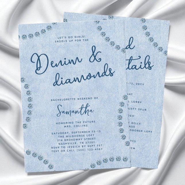 Denim and Diamonds Blå Western Bachelorette-fest Inbjudningar (Denim and Diamonds Blue Western Bachelorette Party Invitation)