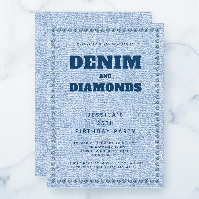 Denim and Diamonds Blue Jeans 25-årsfest Inbjudningar (Denim and Diamonds Blue Jeans 25th Birthday Party Invitation)