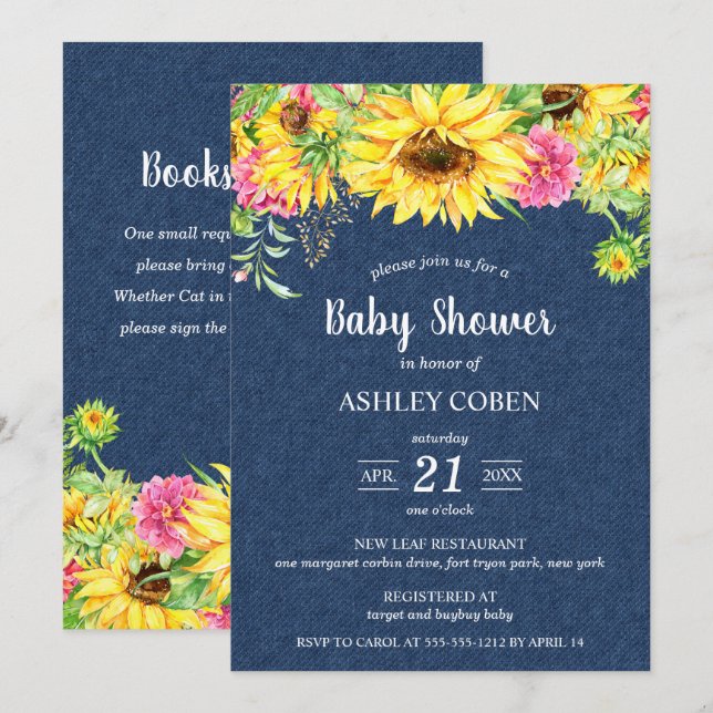 Denim Baby Shower-inbjudan med solblommor Inbjudningar (Fram/baksida)