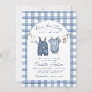 Denim Baby Shower Inbjudan, Pojke Blå Jean Tema Inbjudningar