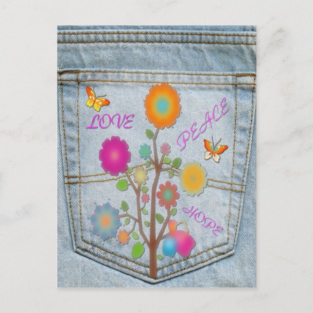 Denim Back Pocket Flower Peace Kärlek Hope-kort Vykort (Framsida)