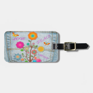 Denim Back Pocket Flowers Peace Kärlek Hope Bagagebricka