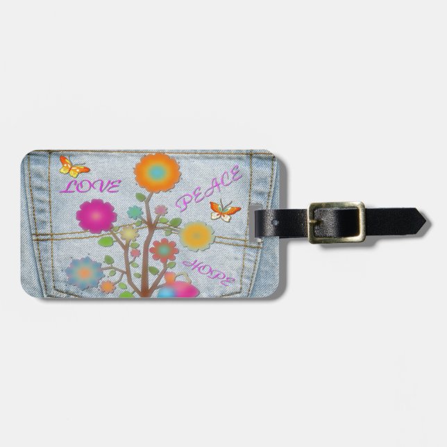 Denim Back Pocket Flowers Peace Kärlek Hope Bagagebricka (Horisontell Framsida)