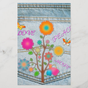Denim Back Pocket Flowers Peace Kärlek Hope Brevpapper