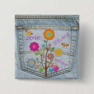 Denim Back Pocket Flowers Peace Kärlek Hope Button Knapp