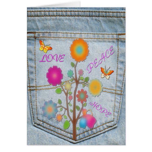 Denim Back Pocket Flowers Peace Kärlek Hope Card Hälsningskort (Framsidan)