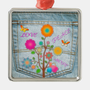Denim Back Pocket Flowers Peace Kärlek Hope Julgransprydnad Metall