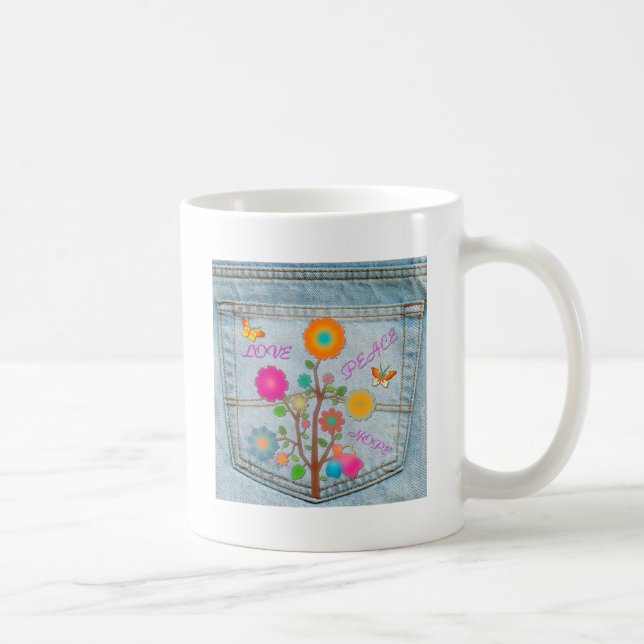Denim Back Pocket Flowers Peace Kärlek Hope Kaffemugg (Höger)