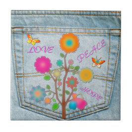 Denim Back Pocket Flowers Peace Kärlek Hope Kakelplatta