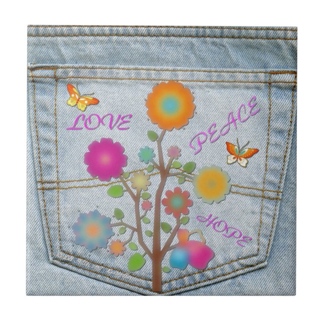 Denim Back Pocket Flowers Peace Kärlek Hope Kakelplatta (Framsidan)
