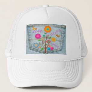 Denim Back Pocket Flowers Peace Kärlek Hope Keps