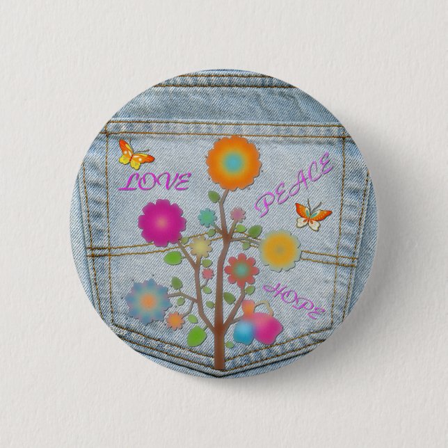 Denim Back Pocket Flowers Peace Kärlek Hope Knapp (Framsida)