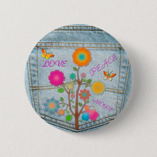 Denim Back Pocket Flowers Peace Kärlek Hope Knapp