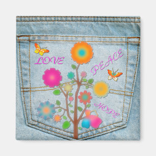 Denim Back Pocket Flowers Peace Kärlek Hope Magnet