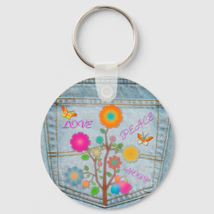 Denim Back Pocket Flowers Peace Kärlek Hope Nyckelring