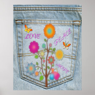 Denim Back Pocket Flowers Peace Kärlek Hope Poster