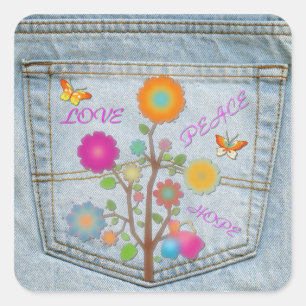 Denim Back Pocket Flowers Peace Kärlek Hope Sticke Fyrkantigt Klistermärke
