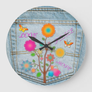 Denim Back Pocket Flowers Peace Kärlek Hope Stor Klocka
