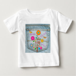 Denim Back Pocket Flowers Peace Kärlek Hope T-shirt