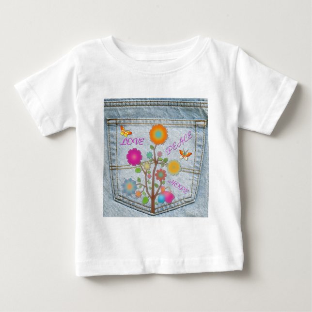 Denim Back Pocket Flowers Peace Kärlek Hope T-shirt (Framsida)