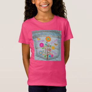 Denim Back Pocket Flowers Peace Kärlek Hope T Shirt