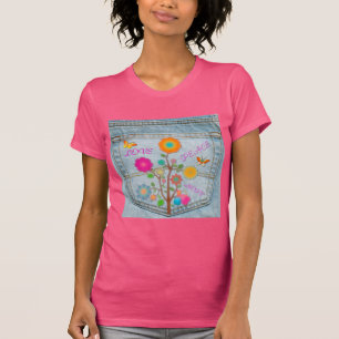 Denim Back Pocket Flowers Peace Kärlek Hope T-shirt