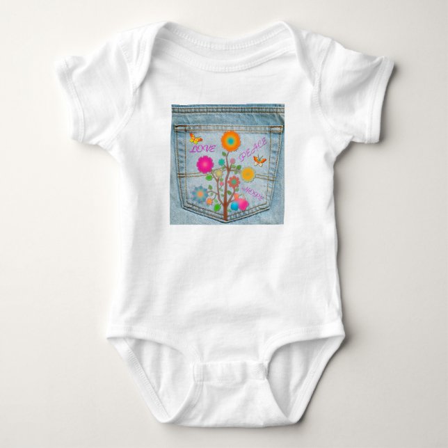 Denim Back Pocket Flowers Peace Kärlek Hope T-shirt (Framsida)