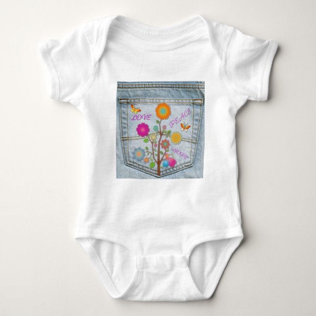 Denim Back Pocket Flowers Peace Kärlek Hope Tee Shirt (Framsida)