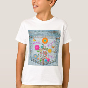 Denim Back Pocket Flowers Peace Kärlek Hope Tröja