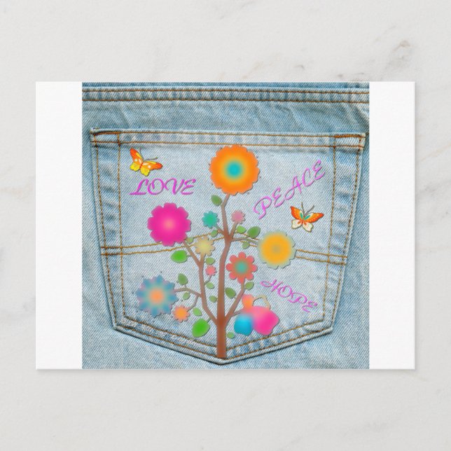 Denim Back Pocket Flowers Peace Kärlek Hope Vykort (Framsida)