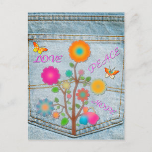 Denim Back Pocket Flowers Peace Kärlek Hope Vykort