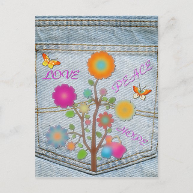 Denim Back Pocket Flowers Peace Kärlek Hope Vykort (Framsida)