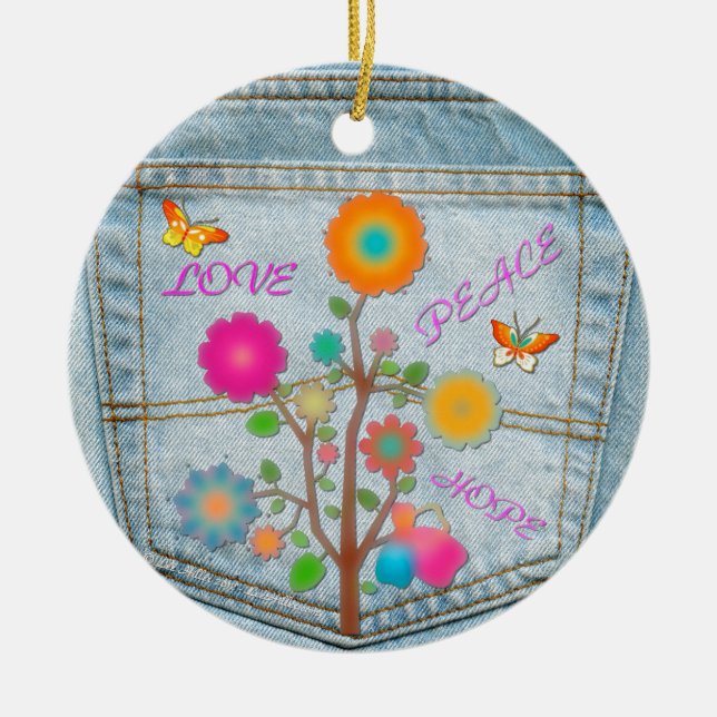Denim Bakficka Blommor Fred kärlek hopp Julgransprydnad Keramik (Framsidan)