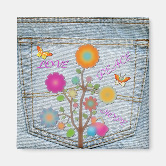 Denim Bakficka Blommor Fred kärlek hopp Magnet (Framsidan)