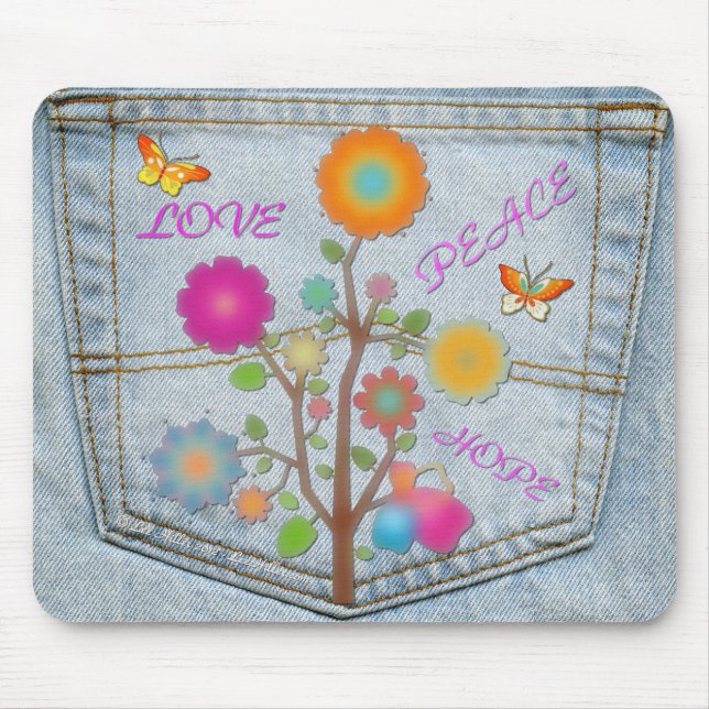 Denim Bakficka Blommor Fred kärlek hopp Musmatta (Framsidan)