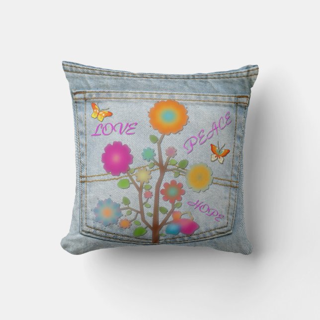 Denim Bakre Fickan Blommor Fred Kärlek Hopp Kudde (Framsida)