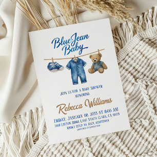 Denim Bear Clothesline Boy Blue Jean Baby Shower Inbjudningar
