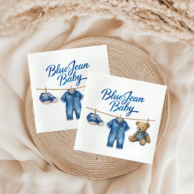 Denim Bear Clothesline Boy Blue Jean Baby Shower Pappersservett (Skapare uppladdad)