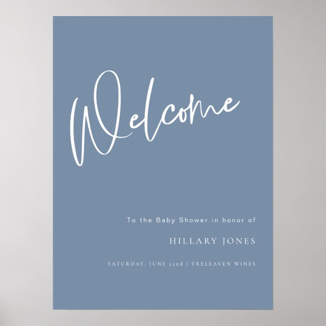 Denim Blå Dammig Baby Shower Välkomstaffisch skylt (Framsidan)