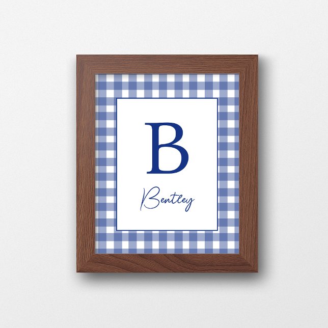 Denim Blå Gingham Rutig Bebis Rum Namnskylt Poster (Skapare uppladdad)