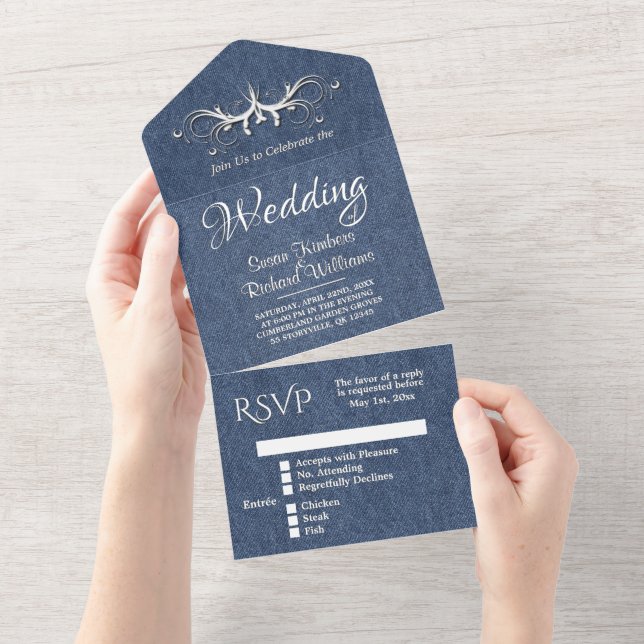 Denim Blå och Vit Tri-fold med Rsvp  (Avrivbar del)