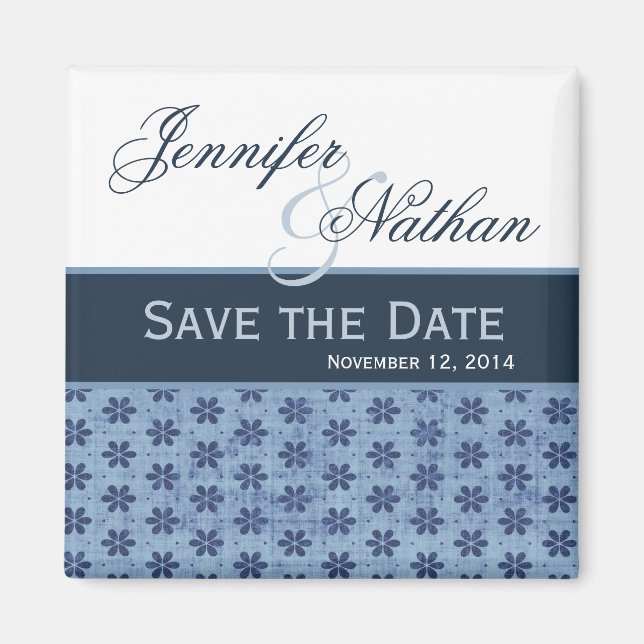 Denim Blue Damask Save Date Bröllop Magnet (Framsidan)