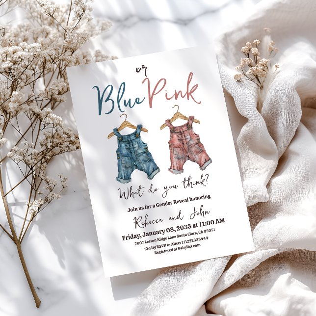 Denim BLue eller Rosa Clothesline Gender Reveal Inbjudningar (Skapare uppladdad)
