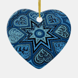 Denim Blue Folk Art Hearts Ornament